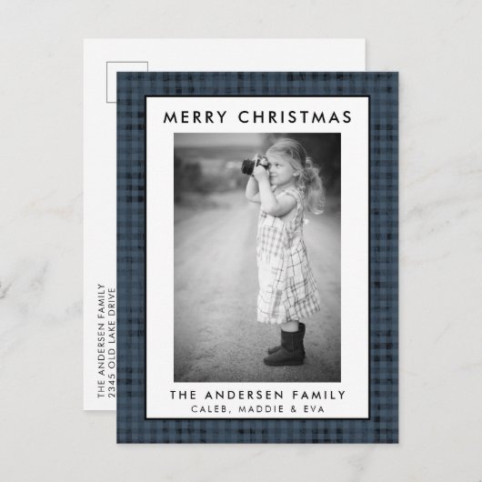 ブループレイドフォトメリークリスマスカード ポストカード (正面/裏面)