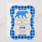 ブループレイドフランネルアップランバージャックファースト誕生日 招待状 (裏面)