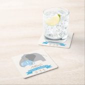 ブループレイドベビーゾウ赤ちゃんシャワー スクエアペーパーコースター (インサイチュ)
