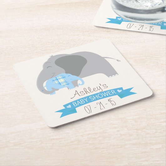 ブループレイドベビーゾウ赤ちゃんシャワー スクエアペーパーコースター (アングル)