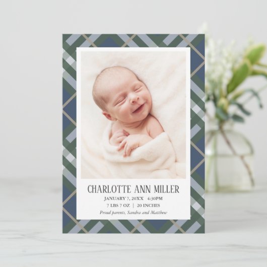 ブループレイドベビー誕生発表写真カード 案内状 (スタンド正面)