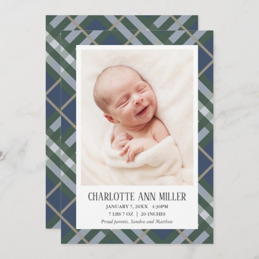 ブループレイドベビー誕生発表写真カード 案内状 (正面/裏面)