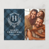 ブループレイドモノグラム写真クリスマス シーズンポストカード (正面)