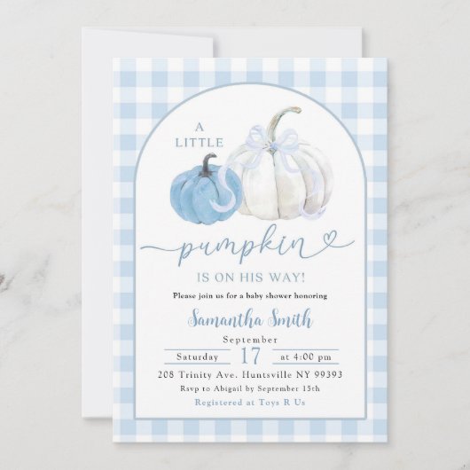 ブループレイド名門私立校風のカボチャ男の子ベイビーシャワー 招待状 (正面)
