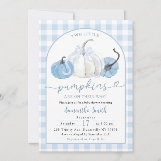 ブループレイド名門私立校風のカボチャ男の子双子ベビーシャワー 招待状 (正面)