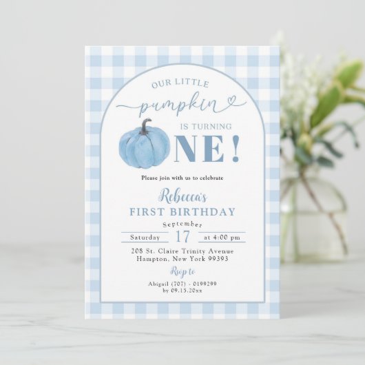 ブループレイド名門私立校風のパンプキン秋ボーイ誕生日 招待状 (スタンド正面)