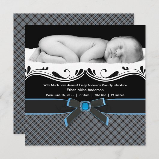ブループレイド男の赤ちゃん写真誕生のお知らせ 案内状 (正面/裏面)
