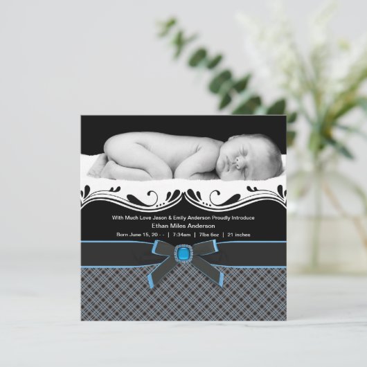 ブループレイド男の赤ちゃん写真誕生のお知らせ 案内状 (スタンド正面)