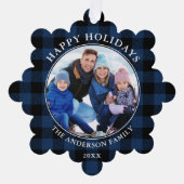 ブループレイド素朴ハッピーホリデー写真 オーナメントカード (正面)