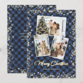 ブループレイド金ゴールド雪グリッター写真クリスマスカード シーズンカード (正面/裏面)