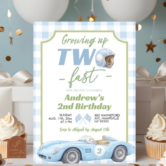 ブループレッピーなレトロデザインの「TWO Fast」バースデー招待状 招待状