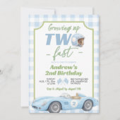 ブループレッピーなレトロデザインの「TWO Fast」バースデー招待状 招待状 (正面)