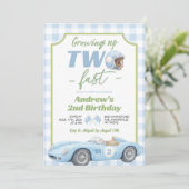 ブループレッピーなレトロデザインの「TWO Fast」バースデー招待状 招待状 (スタンド正面)