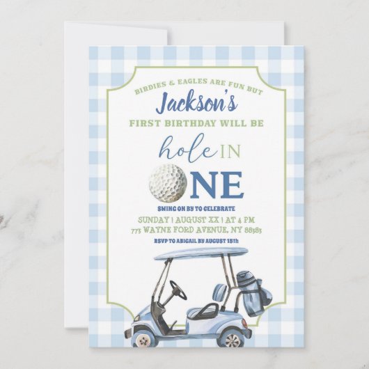 ブループレッピーホールインワンボーイファーストゴルフバースデー 招待状 (正面)