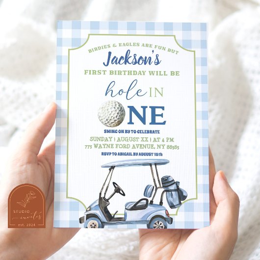 ブループレッピーホールインワンボーイファーストゴルフバースデー 招待状