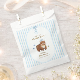 ブループレッピー ストライプの「We Can Bearly Wait」ベビーシャワー フェイバーバッグ