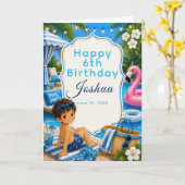 ブループールパーティーの少年 誕生日 カード (黄色い花)