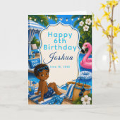 ブループールパーティーの少年 誕生日  カード (黄色い花)