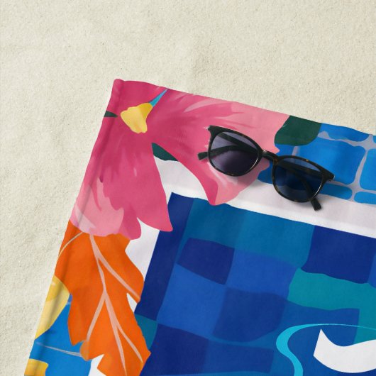 ブループール鮮やかと花のカスタマイズ可能 ビーチタオル (インサイチュ)