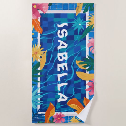 ブループール鮮やかと花のカスタマイズ可能 ビーチタオル (正面)