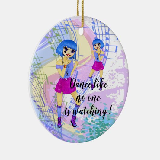 ブルーヘアファッションマンガイラストレーション踊り セラミックオーナメント (右)