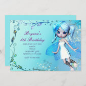 ブルーヘアフェアリー女の子の誕生日パーティー招待状 招待状 (正面/裏面)