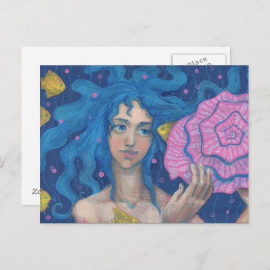 ブルーヘアマーメイドガールシーシェルフィッシュファンタジーアート ポストカード (正面/裏面)
