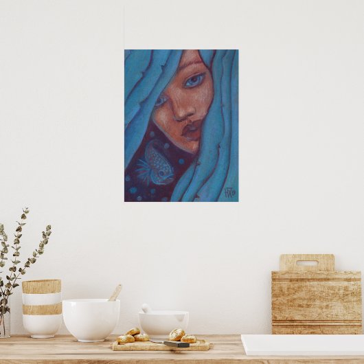 ブルーヘアマーメイドポートレートファンタジーガールウーマンアート ポスター (キッチン)