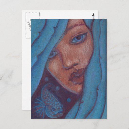 ブルーヘアマーメイドポートレートファンタジーパステル絵画ズ ポストカード (正面/裏面)