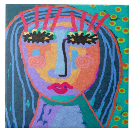 ブルーヘア抽象芸術デジタルポートレートの女性 タイル (正面)