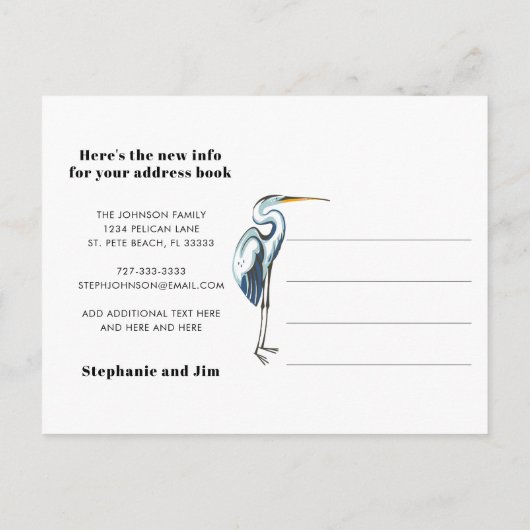 ブルーヘロンウォーターフロントはっきりしたタイポグラフィ新しいアドレス 案内ポストカード (裏面)