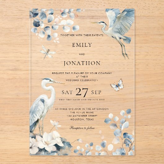 ブルーヘロンエレガントリーフ花模様ズ結婚ーズ アクリル招待状 (正面)