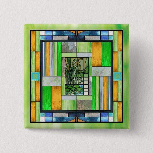 ブルーヘロンステンドグラスのボタン 缶バッジ (正面)