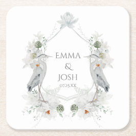 ブルーヘロン水鳥ホワイトフローラエテ結婚リアズ スクエアペーパーコースター