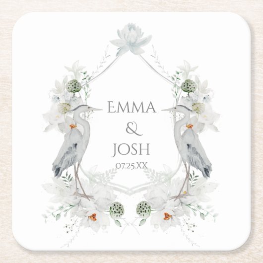 ブルーヘロン水鳥ホワイトフローラエテ結婚リアズ スクエアペーパーコースター (正面)