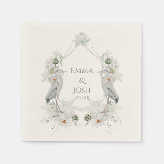 ブルーヘロン水鳥ホワイトフローラエテ結婚リアズ スタンダードカクテルナプキン (正面)