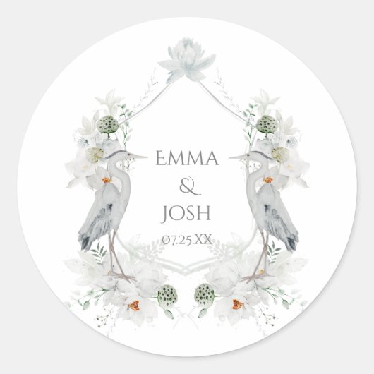 ブルーヘロン水鳥ホワイトフローラエテ結婚リアズ ラウンドシール (正面)