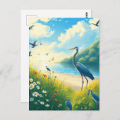 ブルーヘロン素晴らしサンセットワイルドフラワーランドスケープ ポストカード (正面/裏面)