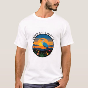 ブルーヘロン素晴らしサンセットワイルドフラワーランドスケープ Tシャツ