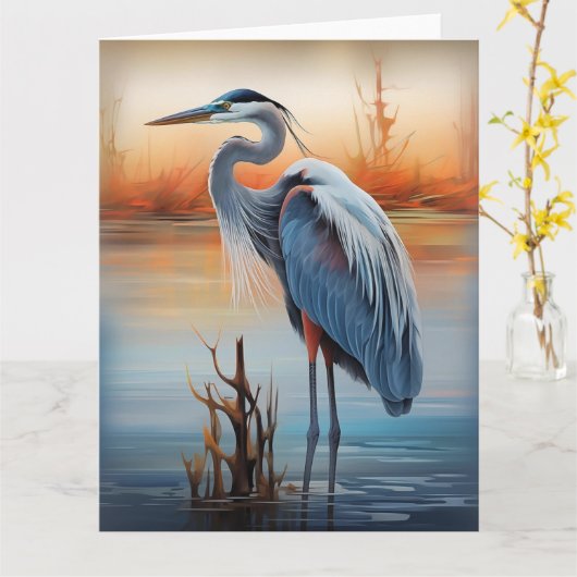 ブルーヘロン素晴らし鳥の野生生物の自然 カード (黄色い花)