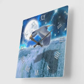 ブルーヘロン、満月&滝ファンタジーシーン スクエア壁時計 (傾斜)