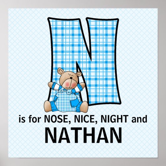 ブルーベアモノグラムのレターNベビールーム ポスター (正面)