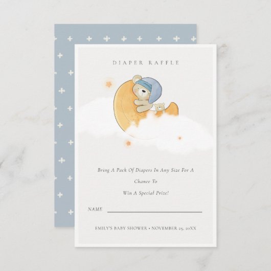 ブルーベアーオーバームーンボーイおむつラッフルベビーシャワー エンクロージャーカード (正面/裏面)