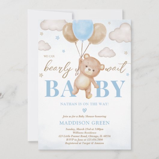 ブルーベアーバルーンベビーシャワー 招待状 (正面)