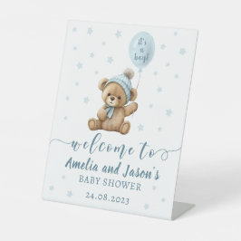 ブルーベアーバルーン男の子のシャワー歓迎サイン 台座サイン
