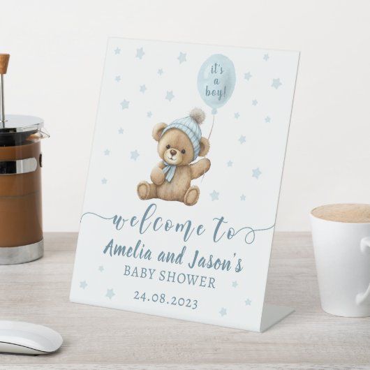 ブルーベアーバルーン男の子のシャワー歓迎サイン 台座サイン (インサイチュ)