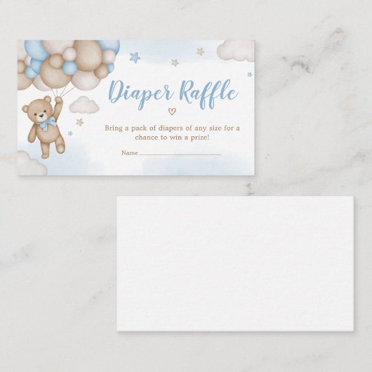 ブルーベアーバルーン赤ちゃんシャワーおむつラッフル エンクロージャーカード (正面/裏面)