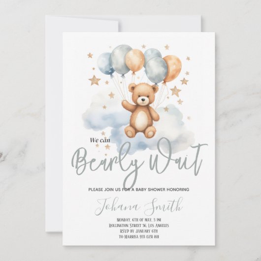 ブルーベアーベイビーシャワーを待つことができる 招待状 (正面)