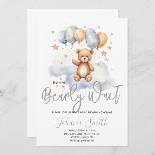 ブルーベアーベイビーシャワーを待つことができる 招待状 (正面/裏面)