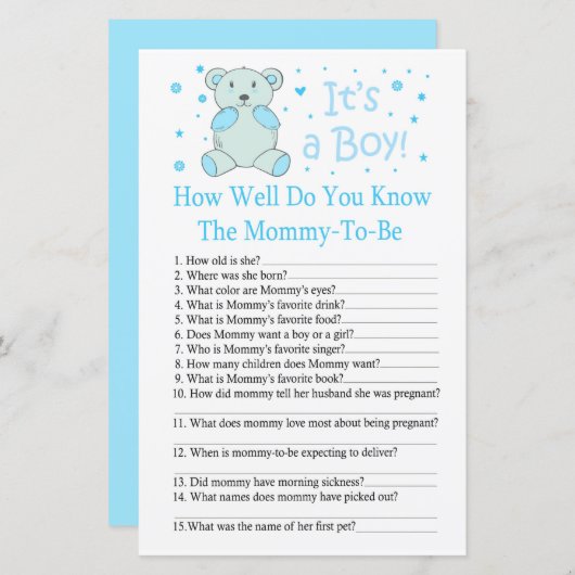 ブルーベアーベイビーシャワーゲームをどれだけ知っているか (正面/裏面)